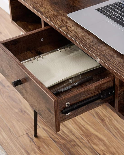 VECELO 39.3" Home Office Work Table with Drawers Computer Desk Writing/Study, 39 Inch Hairpin Legs, Retro Brown - LeafyLoom