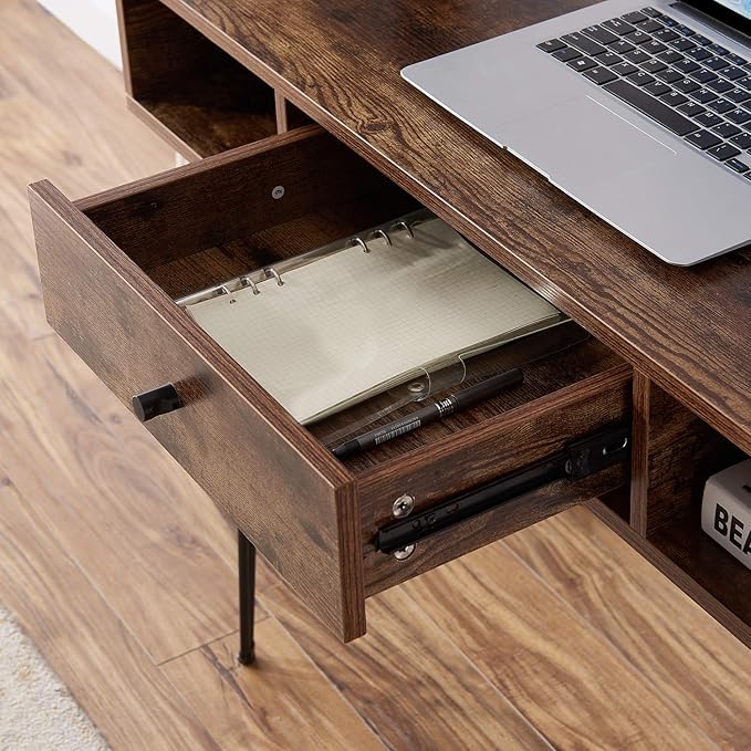 VECELO 39.3" Home Office Work Table with Drawers Computer Desk Writing/Study, 39 Inch Hairpin Legs, Retro Brown - LeafyLoom