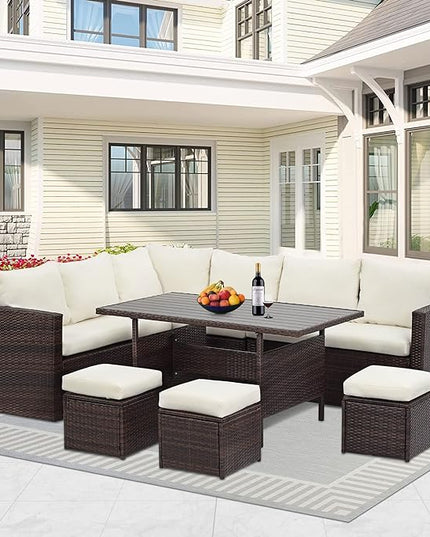 Solaste 7 Piece Patio Furniture Set, All Weather Wicker Patio Conversation Sets with Cushion Seat & Pillows, Outdoor Dining Set, Patio Furniture Outdoor Sectional, Brown - LeafyLoom