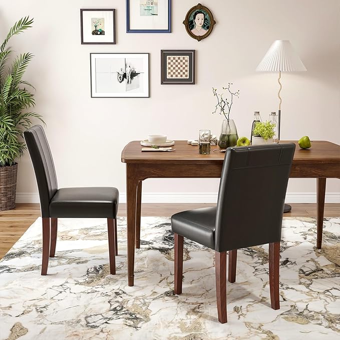 Soohow Upholstered Set of 2 with Solid Wood Legs Armless Indoor Dining Room, Kitchen Table Parson Chairs, Black Leather - LeafyLoom