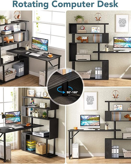 Rotating Computer Desk L-Shaped Office Desk with 5 Shelves Bookcase, Reversible Writing Desk Study Table with Wheels for Home Office, Black - LeafyLoom