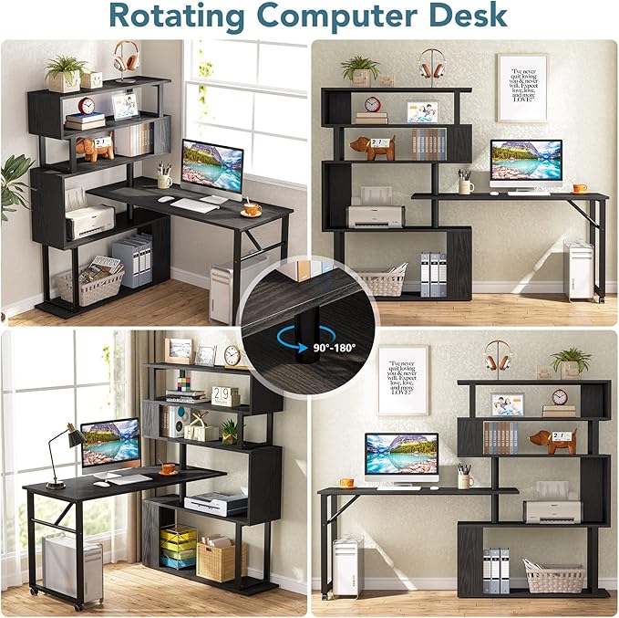Rotating Computer Desk L-Shaped Office Desk with 5 Shelves Bookcase, Reversible Writing Desk Study Table with Wheels for Home Office, Black - LeafyLoom