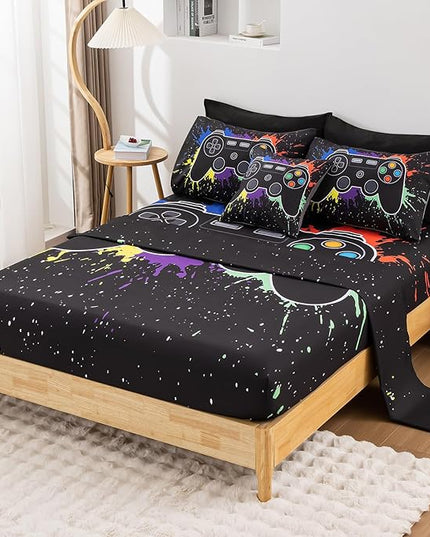 8Pcs Gamer Comforter Set with Sheets for Boys Girls Kids Teens, Colorful Graffiti Gaming Themed Bed in A Bag Twin Size, Black 3D Video Game Controller Bedroom Decor Bedding Set-Black - LeafyLoom