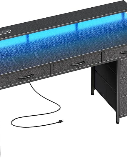 Gaming Desk with 6 Drawers, Computer Desk with LED Lights Power Outlets and Type-C, 47 Inch Office Desk with Storage, Monitor Stand, Writing Desk Work Desk Home Office, Bedroom, Study, Black - LeafyLoom