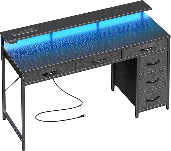 Gaming Desk with 6 Drawers, Computer Desk with LED Lights Power Outlets and Type-C, 47 Inch Office Desk with Storage, Monitor Stand, Writing Desk Work Desk Home Office, Bedroom, Study, Black - LeafyLoom