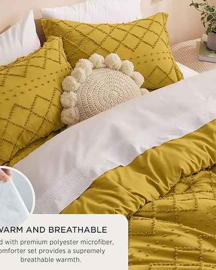 Bedsure King Size Comforter Set - Mustard Yellow Comforter, Boho Tufted Shabby Chic Bedding Comforter Set, 3 Pieces Farmhouse Bed Set for All Seasons, Fluffy Soft Bedding Set with 2 Pillow Shams - LeafyLoom