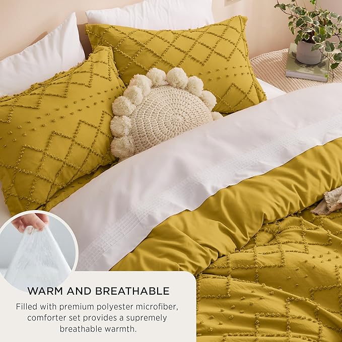 Bedsure King Size Comforter Set - Mustard Yellow Comforter, Boho Tufted Shabby Chic Bedding Comforter Set, 3 Pieces Farmhouse Bed Set for All Seasons, Fluffy Soft Bedding Set with 2 Pillow Shams - LeafyLoom