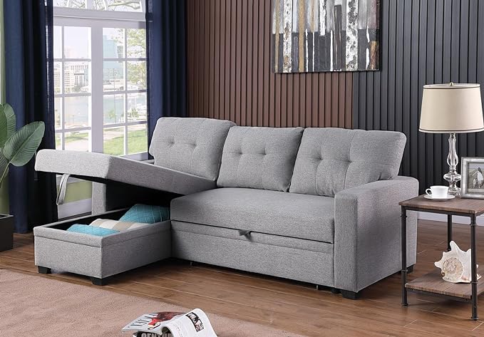 82" Sectional Sofa, L Shaped Sleeper of Convertible Lounge, Pull Out Couch Bed and Storage Chaise for Home Living Room Apartment Dorm, 82inch, Light Gray - LeafyLoom
