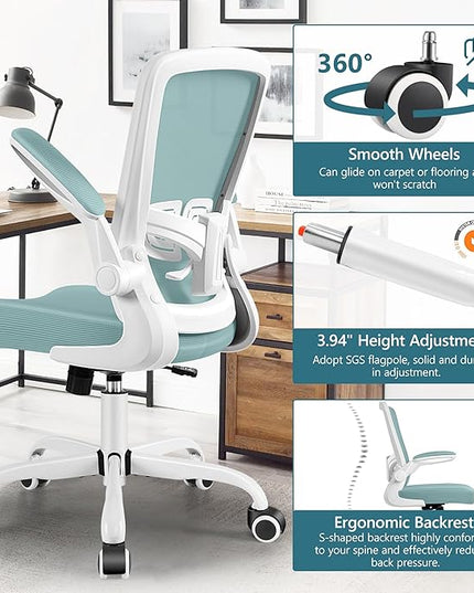 MINLOVE Office Chair Ergonomic Desk Chair with Adjustable Lumbar Support and Height, 90° Flip-up Armrests, Ergo Desk Chairs with Wheels, 360° Swivel Mesh Chair, Home Work Use (Light Blue) - LeafyLoom