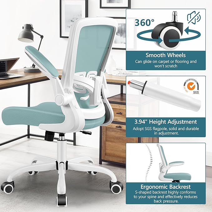 MINLOVE Office Chair Ergonomic Desk Chair with Adjustable Lumbar Support and Height, 90° Flip-up Armrests, Ergo Desk Chairs with Wheels, 360° Swivel Mesh Chair, Home Work Use (Light Blue) - LeafyLoom