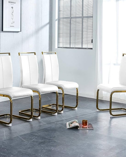 Modern Dining Chairs Set of 4, Side Dining Room Chairs with Golden Legs, Kitchen Chairs with Faux Leather Padded Seat High Back, Chairs for Dining Room,Kitchen, Living Room White - LeafyLoom