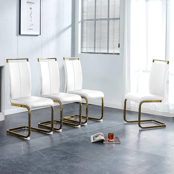 Modern Dining Chairs Set of 4, Side Dining Room Chairs with Golden Legs, Kitchen Chairs with Faux Leather Padded Seat High Back, Chairs for Dining Room,Kitchen, Living Room White - LeafyLoom