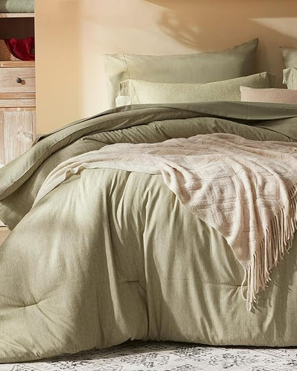 UNILIBRA King Comforter Set 7 Pieces Bed in a Bag - Olive Green King Soft Bedding Set for All Seasons - Cationic Dyeing Bed Comforter Sets with Comforter, Flat Sheet, Fitted Sheet, Pillowcases & Shams - LeafyLoom