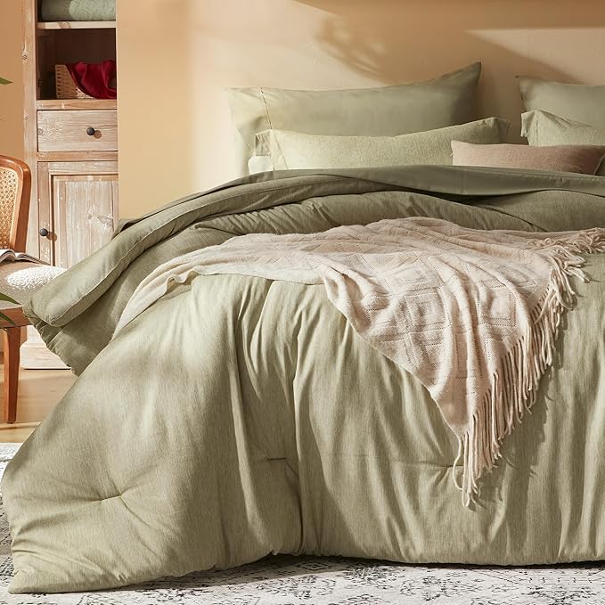 UNILIBRA Queen Comforter Set 7 Pieces Bed in a Bag - Olive Green Queen Soft Bedding Set for All Seasons-Cationic Dyeing Bed Comforter Sets with Comforter, Flat Sheet, Fitted Sheet, Pillowcases & Shams - LeafyLoom