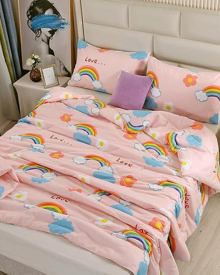 3PCS Rainbow Comforter Set Full, Cute Pink Full Size Flower Cloud and Rainbow Comforter Aesthetics, Super Soft and Comfort Microfiber, Kawaii Girls’ Bedroom Decor for Kids, Teens, Children, Women - LeafyLoom