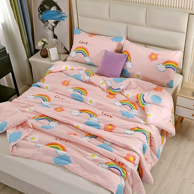 3PCS Rainbow Comforter Set Full, Cute Pink Full Size Flower Cloud and Rainbow Comforter Aesthetics, Super Soft and Comfort Microfiber, Kawaii Girls’ Bedroom Decor for Kids, Teens, Children, Women - LeafyLoom