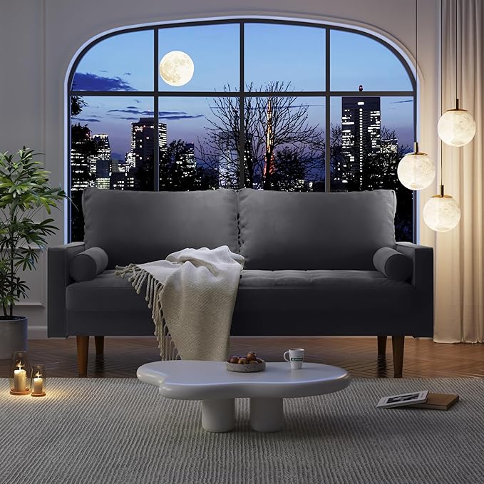 Velvet Furniture for Small Spaces, Mid-Century Modern Loveseats for Living Room, Love Seat Couch Sofas, 70 Inches, Grey - LeafyLoom