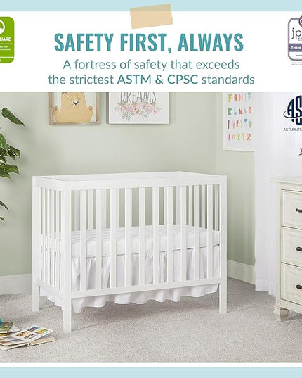 Edgewood 4-In-1 Convertible Mini Crib In White, JPMA Certified, Non-Toxic Finish, New Zealand Pinewood, With 3 Mattress Height Settings, Included 1" Mattress Pad - LeafyLoom