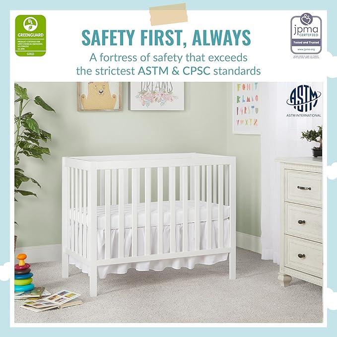 Edgewood 4-In-1 Convertible Mini Crib In White, JPMA Certified, Non-Toxic Finish, New Zealand Pinewood, With 3 Mattress Height Settings, Included 1" Mattress Pad - LeafyLoom