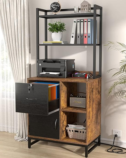 Homieasy Vertical Filing Cabinet with Lock & Charging Station, Large Drawer Wood File Cabinet with Bookshelf, Printer Stand with Open Storage Shelf, fits Letter Size for Home Office, Black and Rustic - LeafyLoom