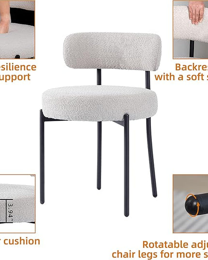 DYHOME Light Grey Dining Chairs Set of 2, Modern Dining Room Chairs Mid-Century, Round Upholstered Kitchen Chairs, Boucle Sherpa Dining Chair with Black Metal Legs - LeafyLoom
