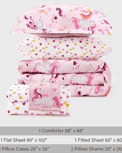 Twin Unicorn Kids Bedding Set for Girls, 7 Pieces Super Soft Lightweight Microfiber Comforter Set with Sheets, Bed in a Bag, Durable Children Bed Set - LeafyLoom