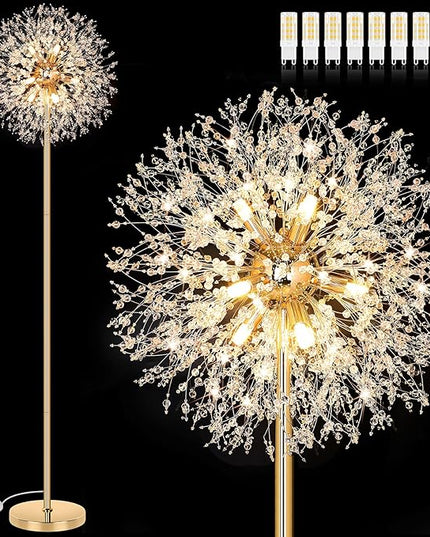 BesLowe 69'' Crystal Floor Lamp for Living Room, Modern Standing Lamp with 738PCS K9 Crystals, Tall Lamp Pole Light for Bedroom Office, Mid Century Gold Floor Lighting with 9 LED Bulbs, Antique Brass - LeafyLoom