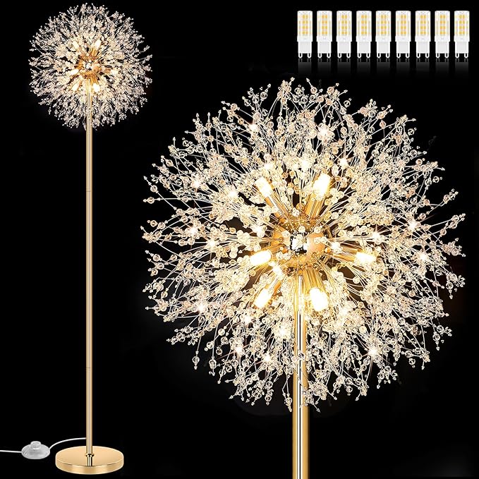 BesLowe 69'' Crystal Floor Lamp for Living Room, Modern Standing Lamp with 738PCS K9 Crystals, Tall Lamp Pole Light for Bedroom Office, Mid Century Gold Floor Lighting with 9 LED Bulbs, Antique Brass - LeafyLoom