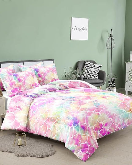 NINENINE Mermaid Comforter Bedding Set,Girls Twin Size Bedding Set,Mermaid Bedding Set,Rainbow Scales Bedding Sets with 1Comforter 1Pillowcase - LeafyLoom