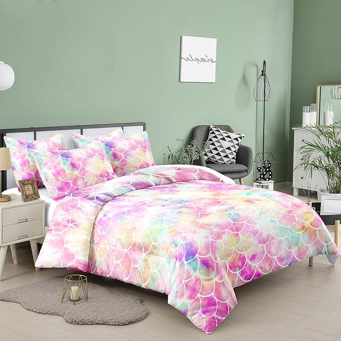 NINENINE Mermaid Comforter Bedding Set,Girls Twin Size Bedding Set,Mermaid Bedding Set,Rainbow Scales Bedding Sets with 1Comforter 1Pillowcase - LeafyLoom