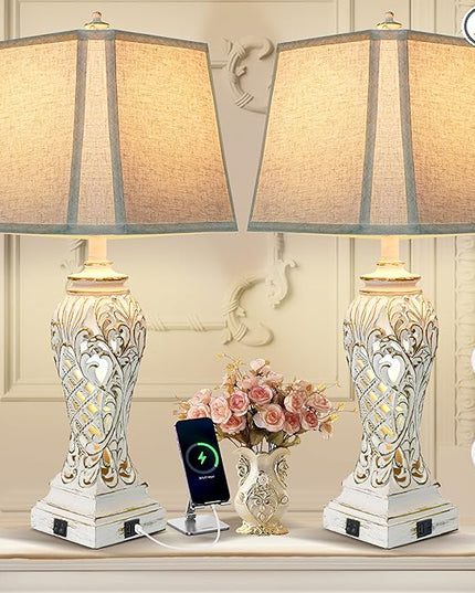 Set of 2 Table Lamps for Bedroom Living Room, Bedside Lamp with Fabric Shades, 29'' Tall Coastal Nautical Lamp with USB and Nightlight - LeafyLoom