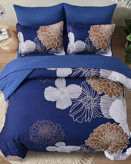 Yiran Navy Brown Comforter Set Queen Bed in a Bag 7 Pieces Floral Soft Microfiber Comforter Bedding Sets Bed Set with Comforter, Sheets, Pillowcases & Shams 90"×90" - LeafyLoom