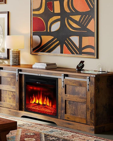 oneinmil Fireplace TV Stand with 18” Electric Fireplace, 58” TV Console Stand for TVs Up to 65", LED Light Entertainment Center, Fireplace for The Living Room TV Stand, Brown - LeafyLoom