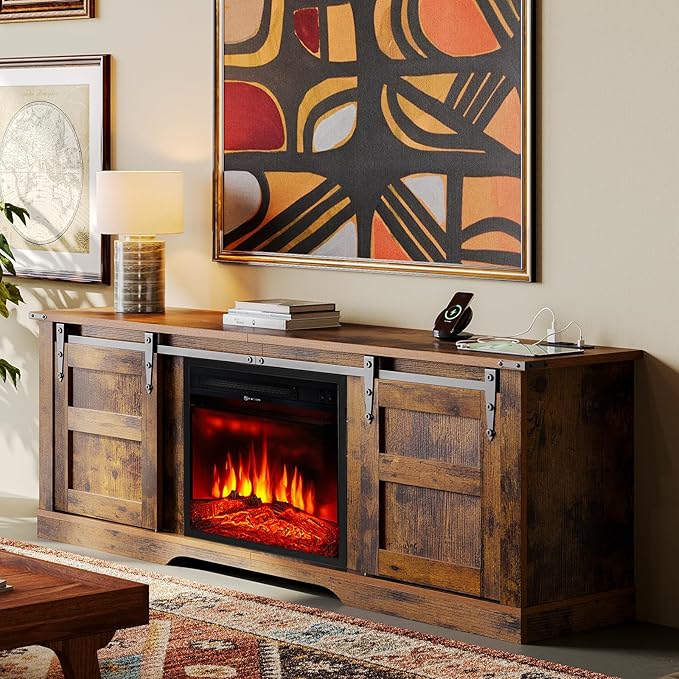 oneinmil Fireplace TV Stand with 18” Electric Fireplace, 58” TV Console Stand for TVs Up to 65", LED Light Entertainment Center, Fireplace for The Living Room TV Stand, Brown - LeafyLoom