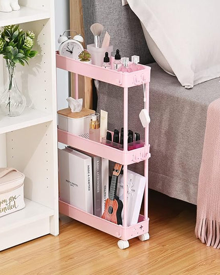 TOOLF Slim Rolling Storage Cart, 3 Tier Utility Cart on Wheels with Hooks, Bathroom Rolling Cart Organizer, Thin Mobile Shelving Unit for Laundry Kitchen Dorm for Nursery Diaper Craft Snack, Pink - LeafyLoom