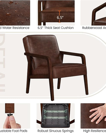 Yaheetech PU Leather Accent Chair, Mid-Century Modern Barrel Chair with Wooden Frame and Soft Thick Padded for Living Room Bedroom Home Office, Dark Brown - LeafyLoom
