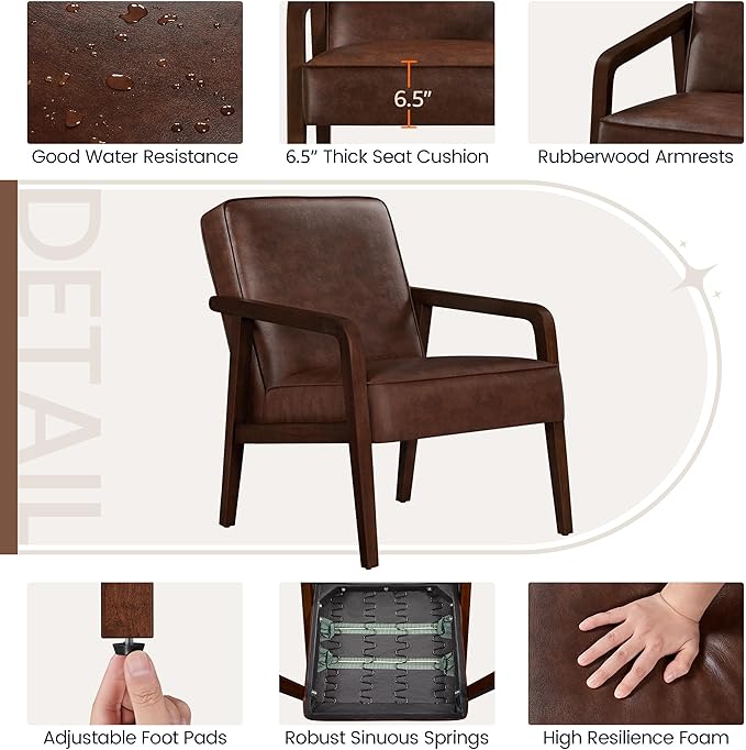Yaheetech PU Leather Accent Chair, Mid-Century Modern Barrel Chair with Wooden Frame and Soft Thick Padded for Living Room Bedroom Home Office, Dark Brown - LeafyLoom