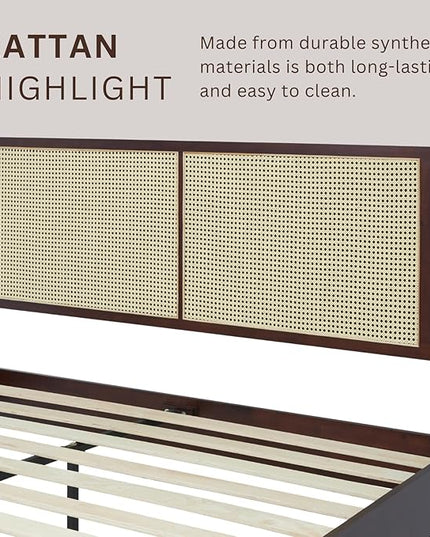Bme Oliver King Bed Frame and Headboard - 15-Inch Signature Design with Rattan Headboard, Bohemian and Mid Century Style, 12-Slat Wood Support, No Box Spring Needed - Easy Assembly, Walnut - LeafyLoom