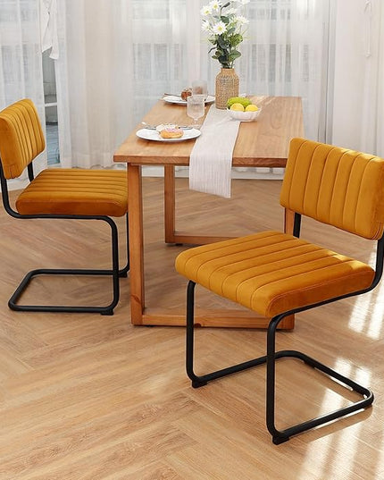 ONEVOG Velvet Dining Chairs Set of 4, Upholstered Kitchen Dining Room Chairs with Striped Open Back, Comfy Orange Chair Armless, Dinner Chair for Party, Black Chrome Metal Legs - LeafyLoom