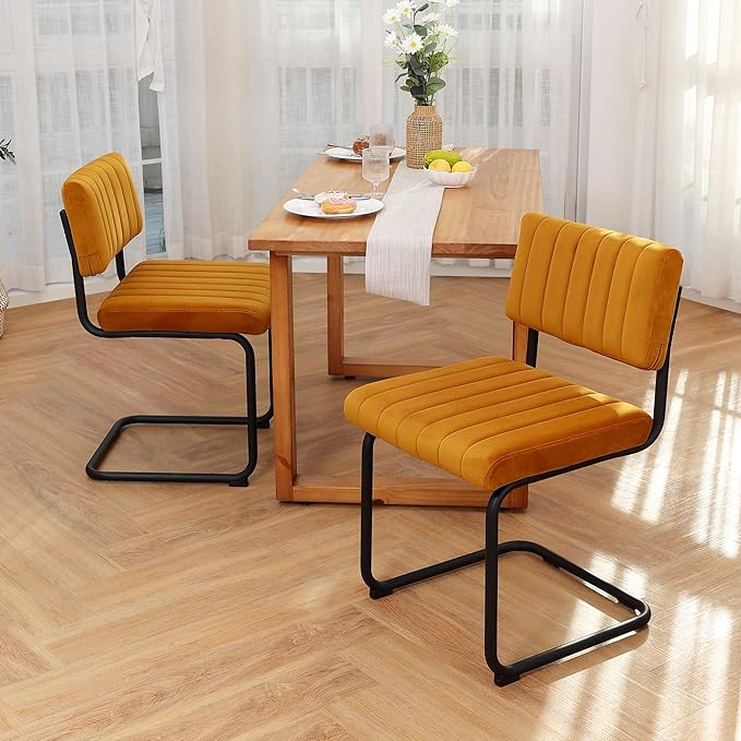 ONEVOG Velvet Dining Chairs Set of 4, Upholstered Kitchen Dining Room Chairs with Striped Open Back, Comfy Orange Chair Armless, Dinner Chair for Party, Black Chrome Metal Legs - LeafyLoom