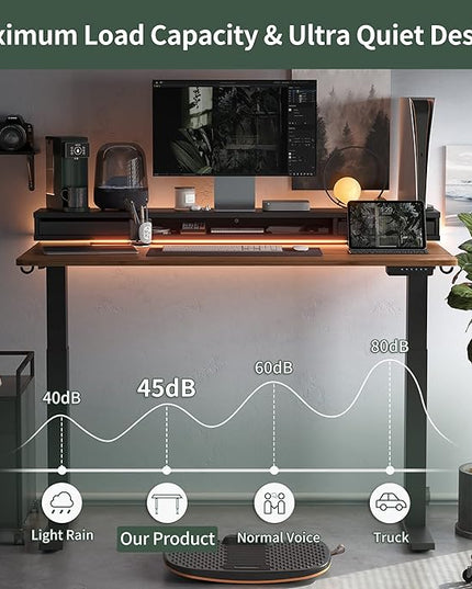 FEZIBO 48 x 24 Inch Height Adjustable Electric Standing Desk with Double Drawers, Stand Up Desk with LED Strips, Sit Stand Desk with Monitor Stand, Blcak Walnut - LeafyLoom