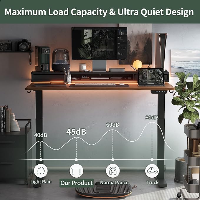 FEZIBO 48 x 24 Inch Height Adjustable Electric Standing Desk with Double Drawers, Stand Up Desk with LED Strips, Sit Stand Desk with Monitor Stand, Blcak Walnut - LeafyLoom