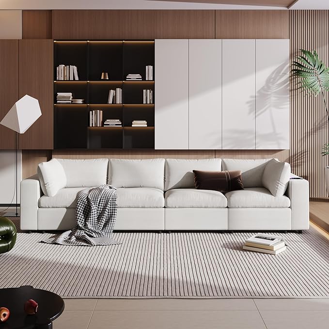 Free Combination Convertible Modular Sectional Sofa, 4 Seater Upholstered Sleeper Corner Couch with USB Charge Ports & Wireless Charging & Speaker,Deep-Seat Sofabed for Living Room Office - LeafyLoom