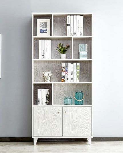 Modern Bookcase with 2 doors 68" Tall Storage Cabinet Wooden Bookshelf with 7 Compartments for Home Office, White Wash - LeafyLoom