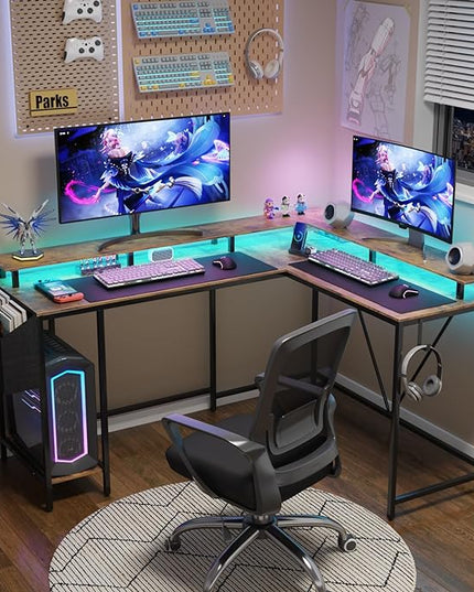 L Shaped Gaming Desk with Power Outlets & LED Lights, Computer Desk with Monitor Stand & Storage Shelf, Home Office Desk Corner Desk with Hooks, Easy to Assemble, Rustic Brown - LeafyLoom