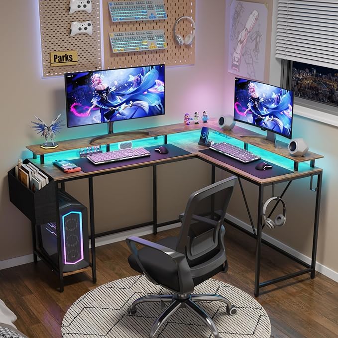L Shaped Gaming Desk with Power Outlets & LED Lights, Computer Desk with Monitor Stand & Storage Shelf, Home Office Desk Corner Desk with Hooks, Easy to Assemble, Rustic Brown - LeafyLoom