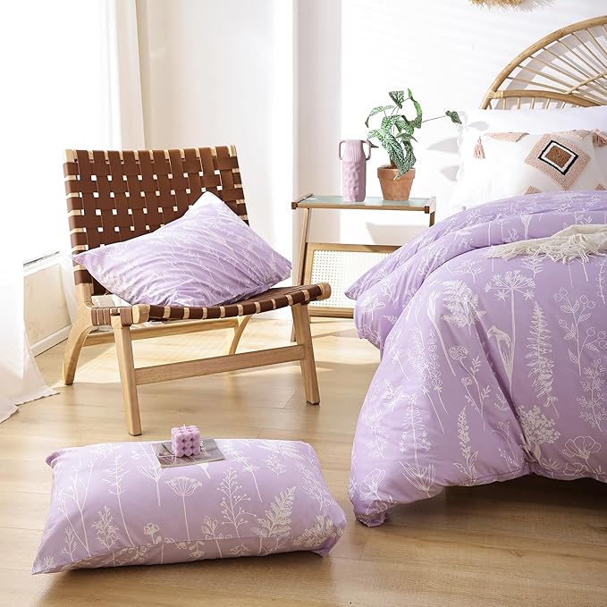 JANZAA Queen Comforter Set Floral Comforter Sets Queen Size Bedding Set Purple Comforter for All Season with 2 Pillow Shams Cute and Comfortable - LeafyLoom