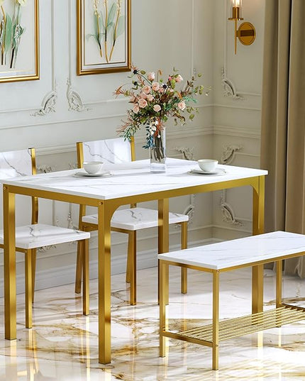 sogesfurniture Modern 4-Piece Kitchen Dining Table Set with 1 Bench and 2 Chairs, Kitchen Bench Table Set for 4, Wooden Kitchen Table and Chairs for Limited Space,Gold - LeafyLoom