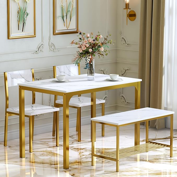 sogesfurniture Modern 4-Piece Kitchen Dining Table Set with 1 Bench and 2 Chairs, Kitchen Bench Table Set for 4, Wooden Kitchen Table and Chairs for Limited Space,Gold - LeafyLoom