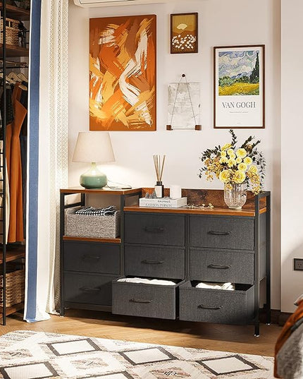 ODK Dresser with Charging Station, 52-Inch Long Dresser TV Stand for Bedroom, Large Dresser with 8 Storage Drawers, Chest of Drawers Easy-Pull Fabric Dressers for Living Room, Vintage and Black - LeafyLoom